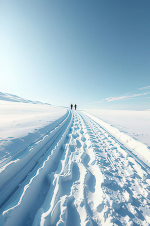 Two people walking on snow covered road. Winter landscape. Blue sky.の素材