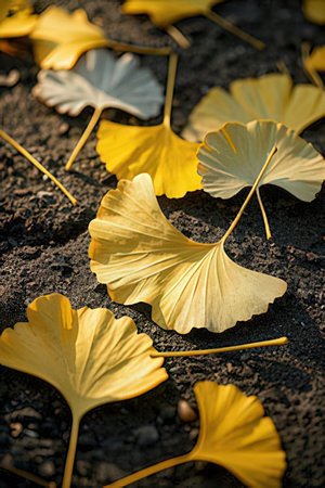 Ginkgo leaves on the ground. Autumn background. Selective focus.の素材