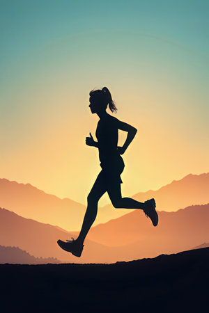 Silhouette of a woman running in the mountains. Healthy lifestyle concept.の素材