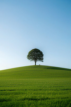 Lonely tree on a green field with blue sky in the backgroundの素材