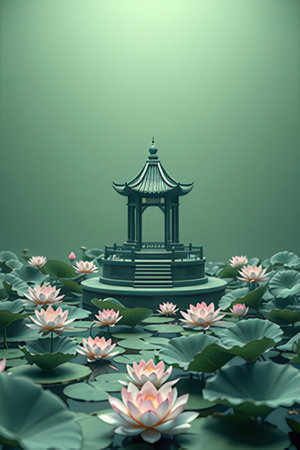3d rendering of Chinese pavilion with lotus flower in pondの素材
