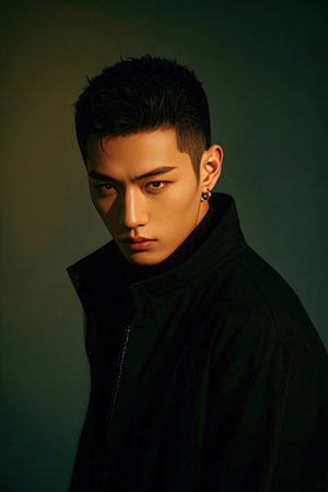 Portrait of a handsome young man in black clothes. Men's beauty, fashion.のeditorial素材