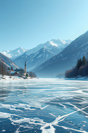 Winter landscape with frozen lake and church on the background of snowy mountainsの素材