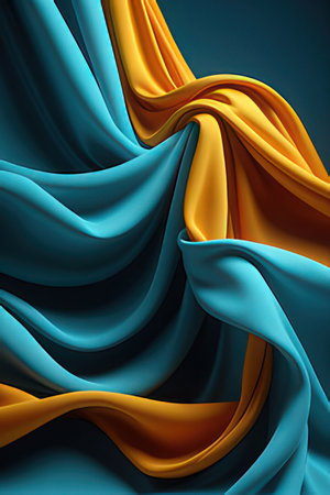 abstract blue and yellow wavy fabric on a dark background. 3d render illustrationの素材
