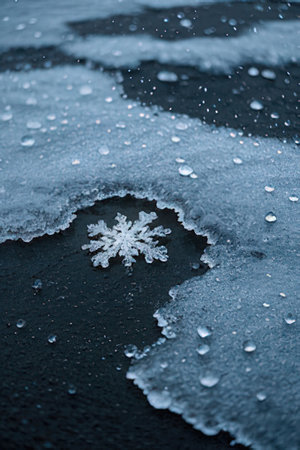 snowflakes on the ice of a frozen lake in winterの素材