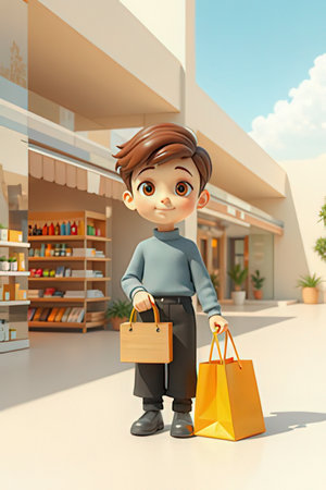 A 3d render of a boy with shopping bags in front of a storeの素材