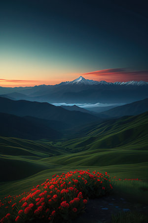Sunset in the mountains with red poppies in the foregroundの素材
