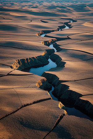 Aerial view of the arid and cracked earth in the desertの素材