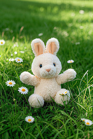 Soft toy rabbit on the grass with daisy flowers in the gardenの素材