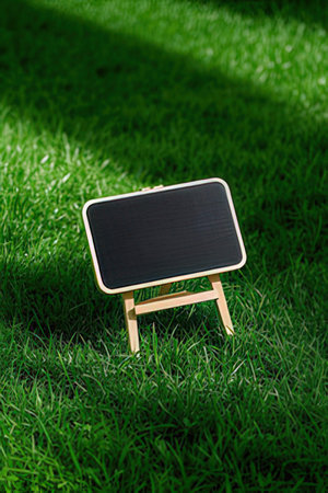 Blank blackboard on green grass with copy space for your textの素材