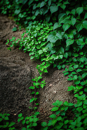 Green ivy growing on the ground in the garden. Nature backgroundの素材