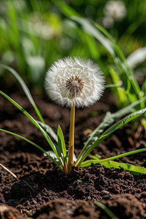 Dandelion flower in the garden. Selective focus. Shallow depth of fieldの素材