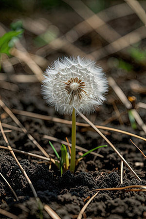White dandelion flower on the ground. Close-up.の素材