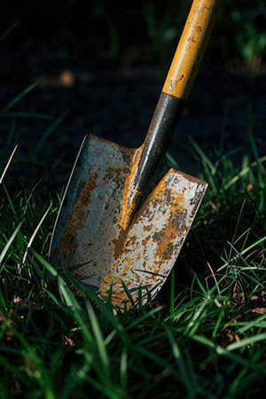 Shovel on the green grass in the garden, selective focusの素材