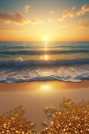 Beautiful sunset on the beach. 3d rendering, 3d illustration.の素材