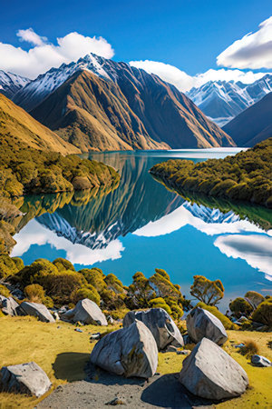 Natural landscape of New Zealand alps and lake. Reflection in waterの素材