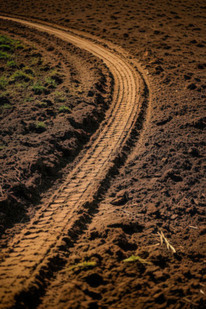 Tire tracks on the soil. Tractor tracks on the soil.の素材