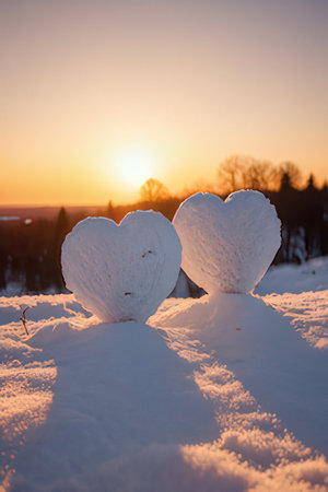 Two heart-shaped snowflakes on the background of a beautiful sunsetの素材