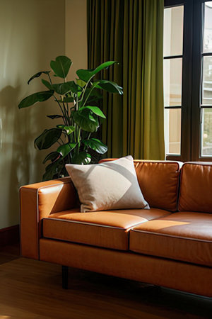 Interior of a living room with a brown sofa and green plantsの素材