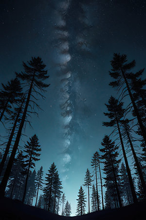 Silhouette of pine trees in the forest at night with Milky Wayの素材
