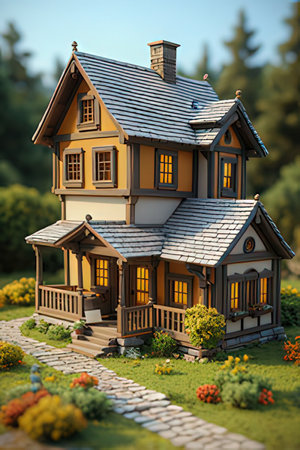 model of a small wooden house in the garden. 3d renderの素材
