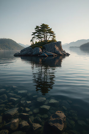 Pine tree growing on a rock on a lake in the morningの素材