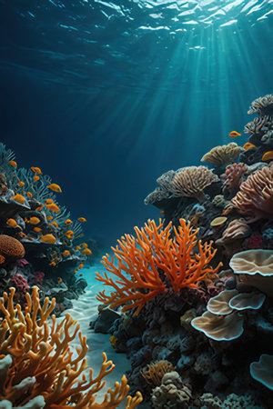 Tropical coral reef with hard corals and sunlight in the oceanの素材