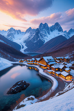 Beautiful winter landscape with snow-capped mountains and village at sunsetの素材