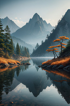 Beautiful lake in the mountains. Reflection of mountains in water.の素材