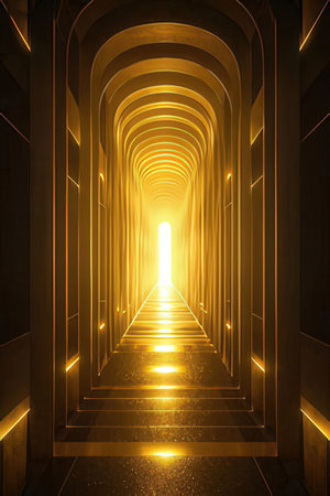A long corridor with yellow light at the end of the tunnel.の素材