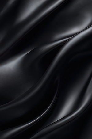 Closeup of rippled black silk fabric texture. Whole background.の素材