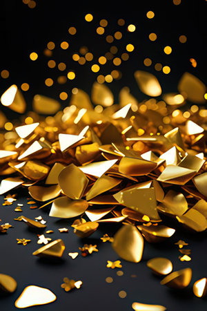 Golden confetti on black background. Festive background. 3d renderingの素材