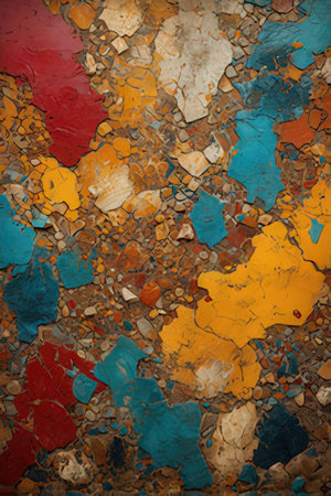 Colorful cracked paint on the wall as an abstract background texture.の素材