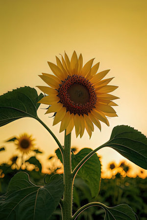 Sunflower in the field at sunset. (Helianthus annuus)の素材