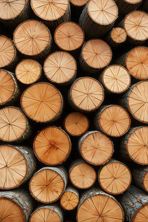 Pile of wood logs in a forest, closeup of photoの素材