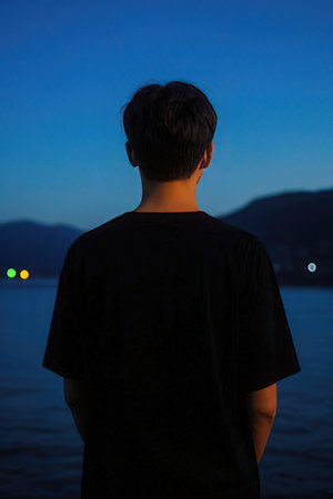 Back view of a young man looking at the sea at dusk.の素材