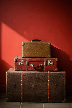Vintage suitcases on a red wall background. Travel concept.の素材
