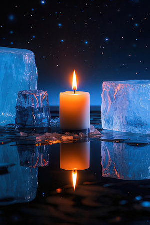 Burning candle on the water with ice floes in the backgroundの素材