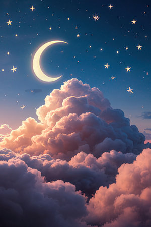 Night sky with clouds and moon. 3d rendering. Computer digital drawing.の素材