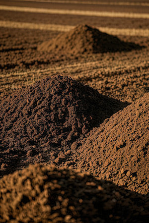 Pile of soil for cultivation in a field at sunset light.の素材