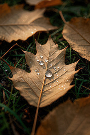 Dew drops on a dry leaf in the autumn forest.の素材