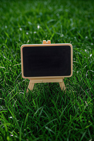 Blank blackboard on green grass background. Back to school concept.の素材