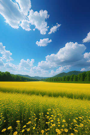Yellow flower field and blue sky with white clouds. Nature background.の素材