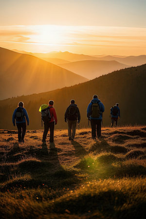 Group of hikers with backpacks walking in the mountains at sunset.の素材