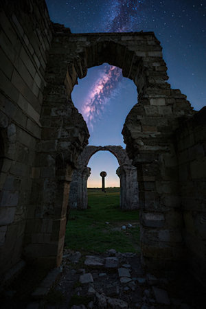 A view of the ruins of a medieval castle at night with a starry sky.の素材