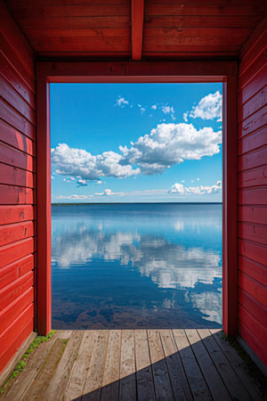 Reflection of the sky in the window of a red wooden houseの素材
