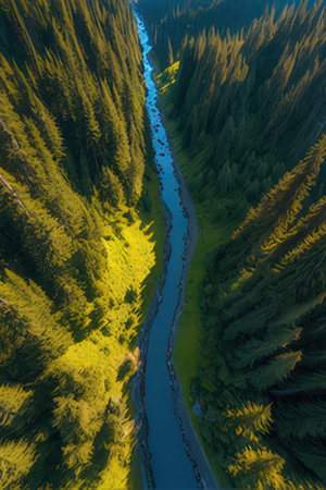Aerial view of the river flowing through the forest in the mountainsの素材