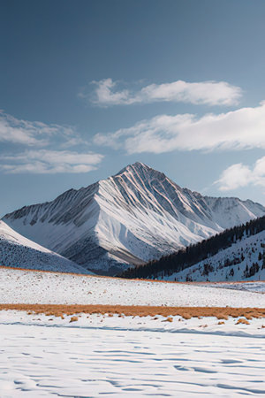 Snowy mountain landscape with blue sky and clouds, Kyrgyzstanの素材
