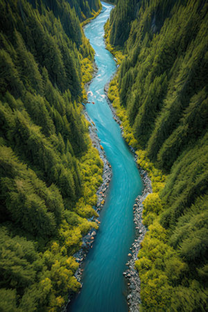 Aerial view of the river flowing through the green forest. Natural landscape.の素材