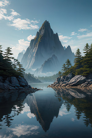 Fantasy Landscape with mountains and lake. 3D Renderingの素材
